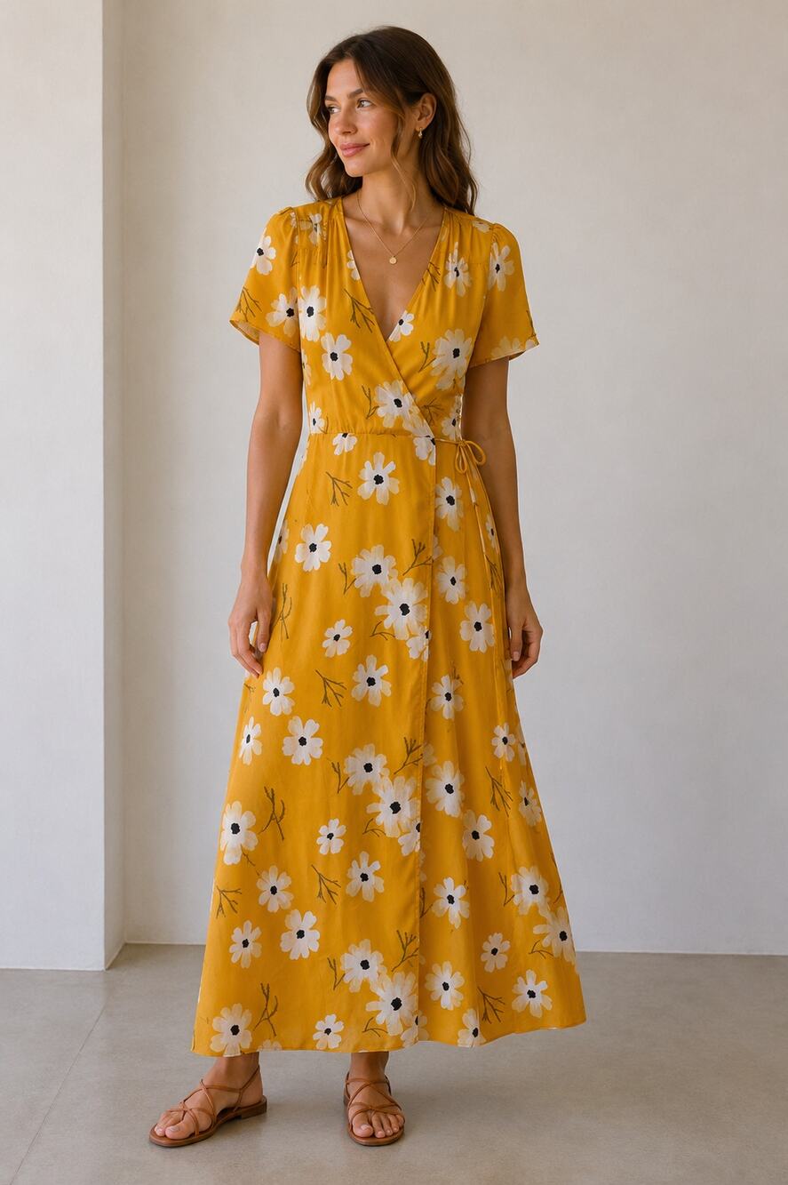 Madewell Floral Wrap Maxi Dress S Mustard Yellow Cottagecore Boho - Picture 1 of 7